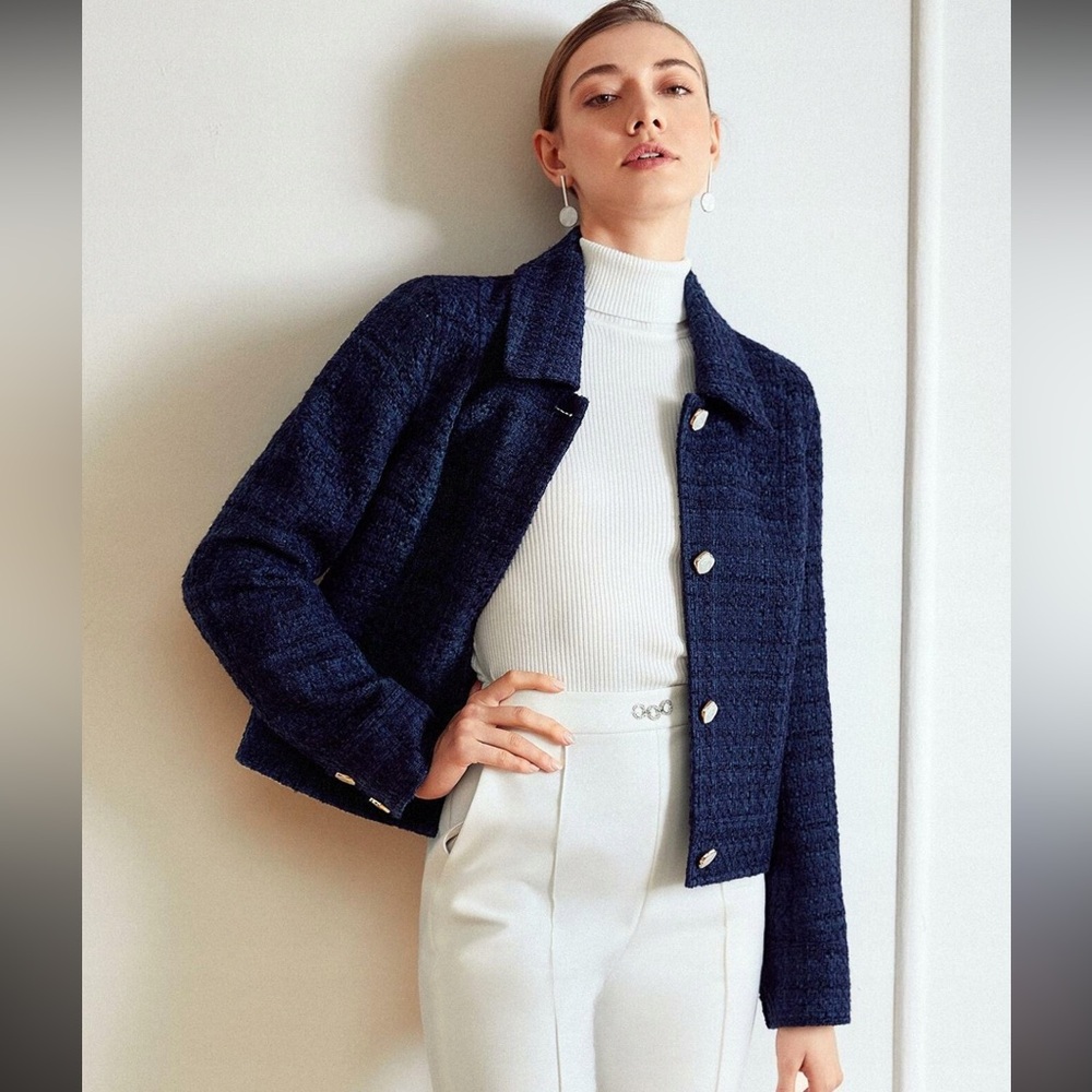 Navy Blue tweed square collared blazer Women's Jacket buttons